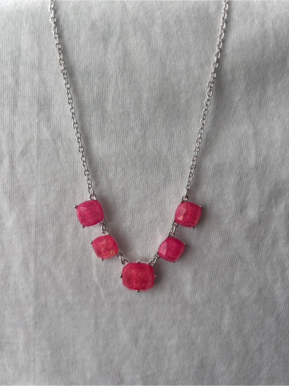 Justice Silver-Tone Necklace with Bright Pink Gem Accents